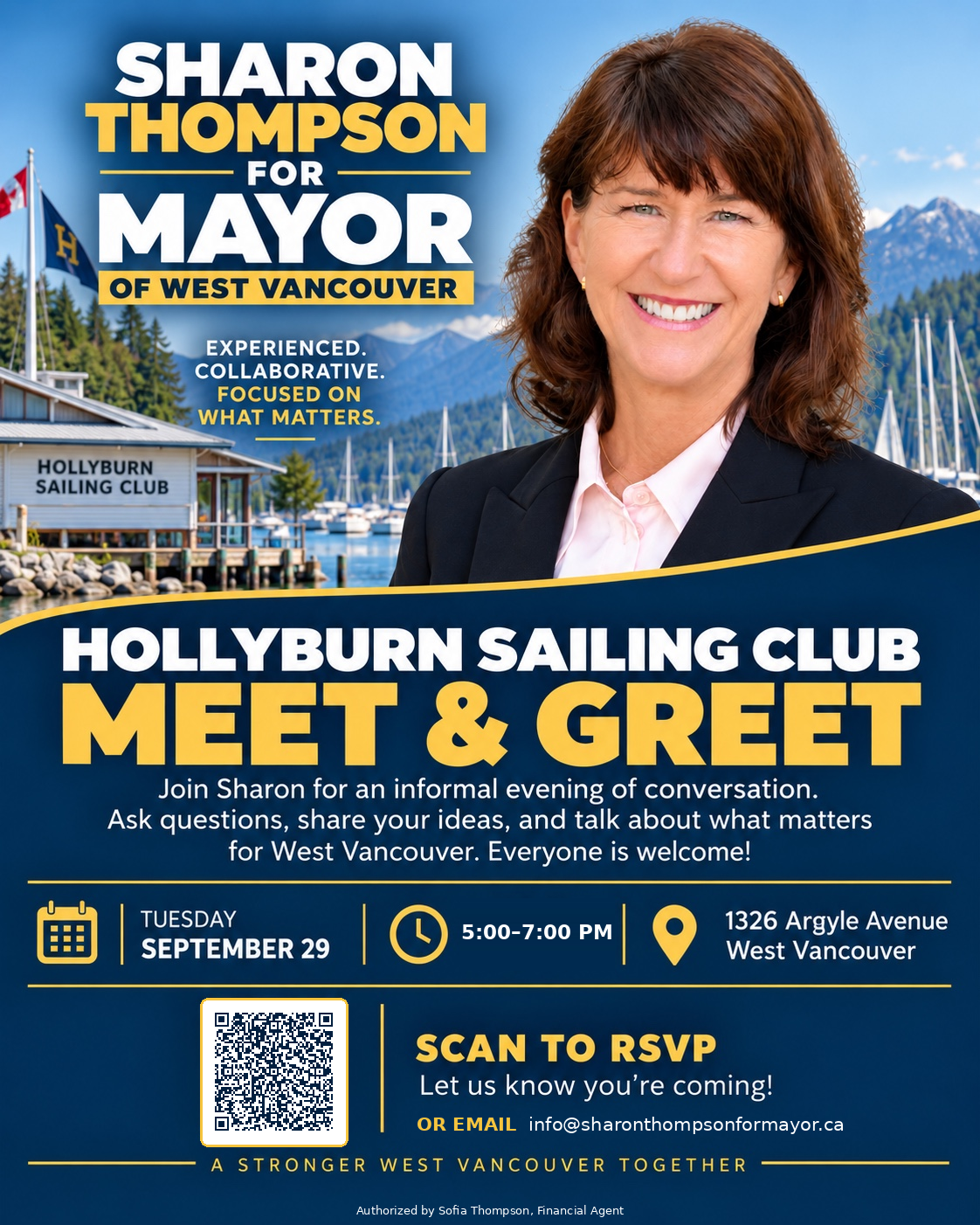 Hollyburn Sailing Club Meet & Greet — Tuesday, September 29, 5:00–7:00 PM, 1326 Argyle Avenue, West Vancouver. Scan the QR code or email info@sharonthompsonformayor.ca to RSVP.